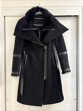 Mackage Isabel Black Shearling Leather Trim Wool Coat Size XS